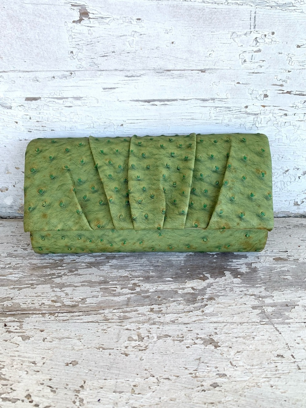 Vintage Bijoux Terner Green Faux Ostrich Clutch Evening Bag With Removable Chain